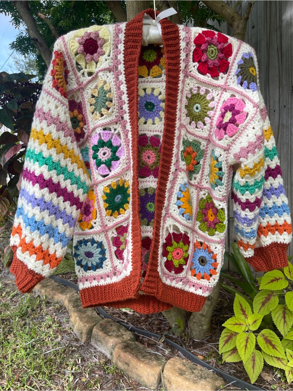 Multicolor Crochet Granny Square Cardigan Sweater - Cream Base with Rust Trim